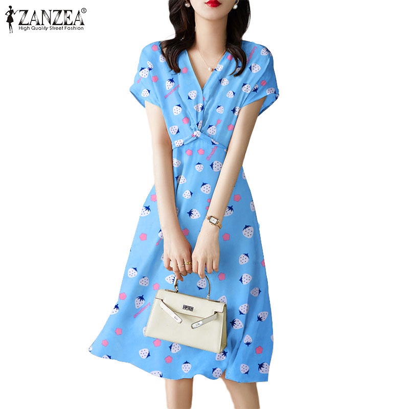 Zanzea 女式韓版時尚 V 領短袖扭紋印花連衣裙