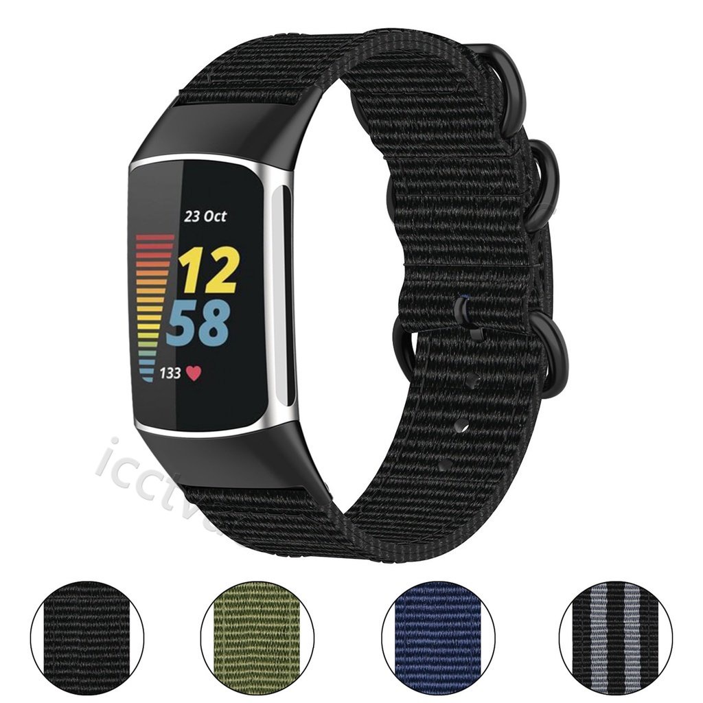 適用於Fitbit Charge 5帆布腕帶尼龍替換透氣錶帶 Charge5三環黑扣尼龍運動錶帶