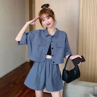 小個子洋氣減齡時尚短褲兩件套夏季新款休閑短袖套裝女網紅炸街工裝套裝甜酷少女簡約小襯衫寬松版型糖果色