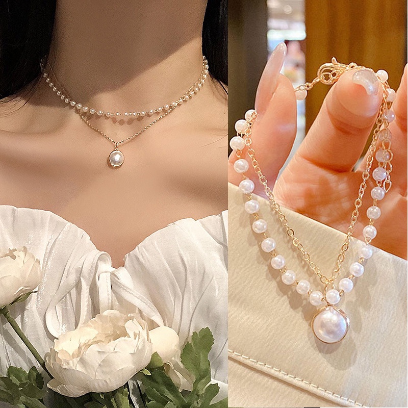韓國ins超仙雙層珍珠吊墜項鍊choker鎖骨鏈配飾可愛女生