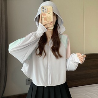 【ELLAS】開衫拉鏈撞色上衣透氣冰涼舒適衣服夏季新款休閑連帽長袖防曬衣女裝上衣外套