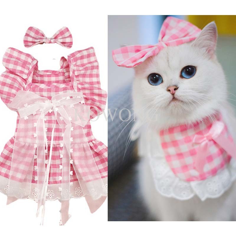 Shih Tzu 泰迪派對夏季連衣裙寵物衣服格子格子蝴蝶結蕾絲裙狗粉色連衣裙生日貓女裝