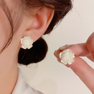 法式甜美藝文清新白色山茶花小眾設計感時尚耳環