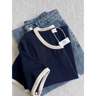 💕甜心大尺碼💕M-5XL 大尺碼純棉正肩U領顯瘦氣質短袖t恤女夏季新款設計感小眾撞色短上衣A2286