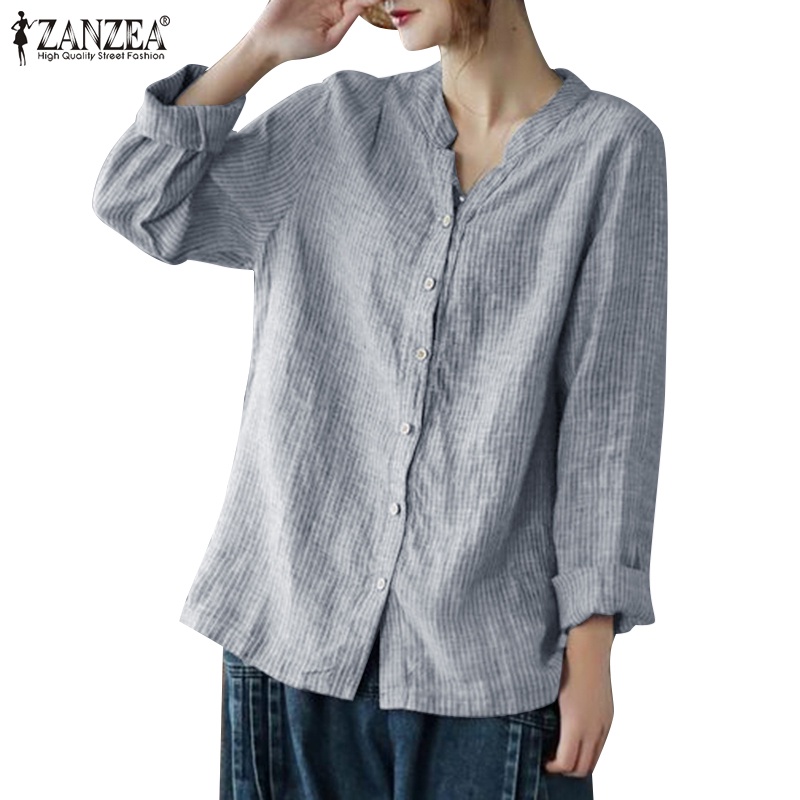Zanzea 女士時尚日常條紋印花 V 領長袖襯衫休閒寬鬆上衣