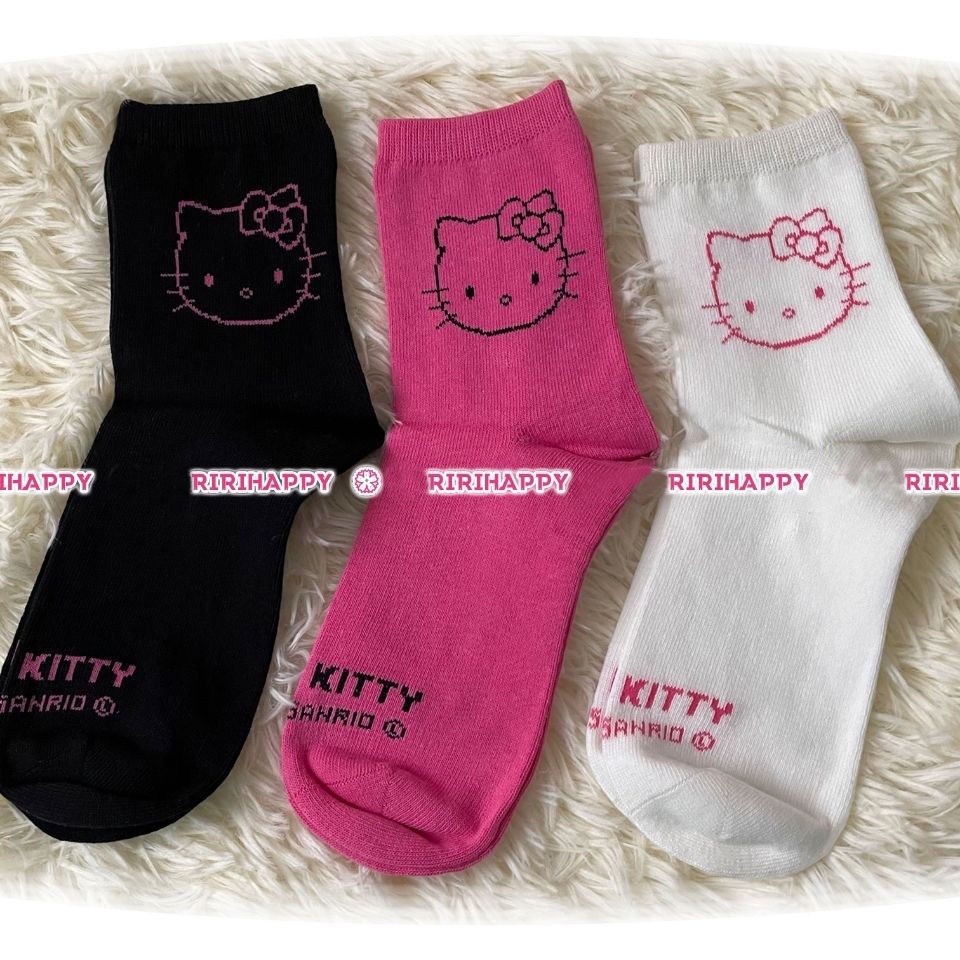 Rihappy 三色純棉 Hello Kitty 襪子中筒卡通襪子可愛女孩疊襪