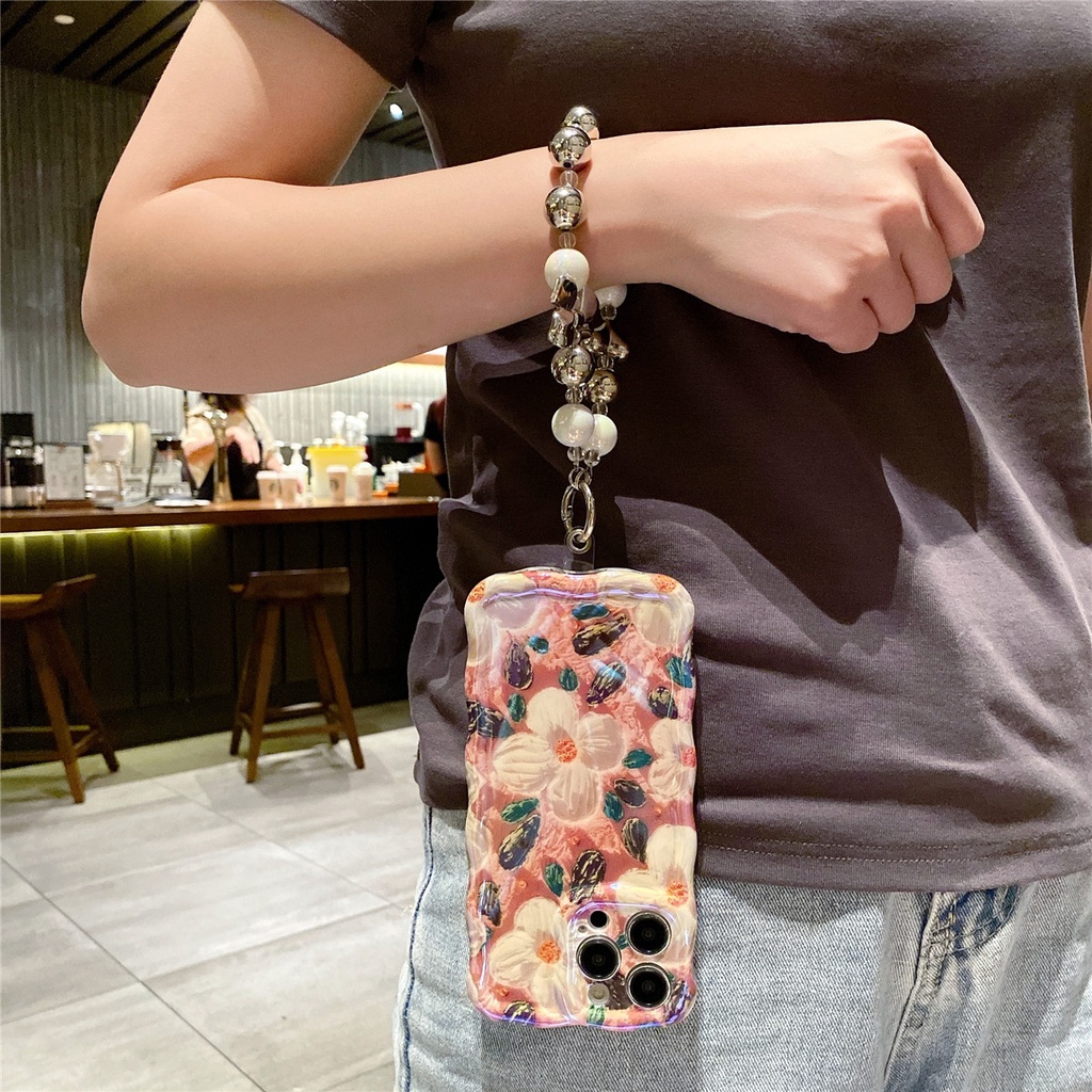 珍珠手鍊花朵掛繩手機殼適用於 iphone 11 12 13 14 Pro Max 藍光激光軟蓋波浪框 Coque 防震