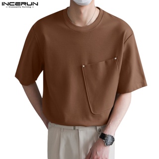 Incerun 男士韓版簡約純色圓領短袖T恤