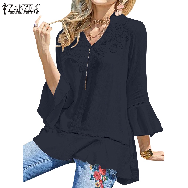Zanzea 女式複古 V 領 3/4 袖喇叭袖蕾絲拼布荷葉邊襯衫