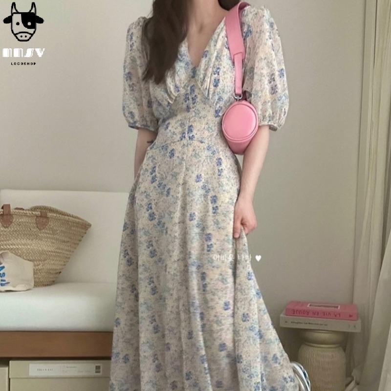 牛奶少女【與眾不同】韓國chic夏季新款設計感小眾優雅輕奢碎花V領雪紡中長款洋裝洋裝女