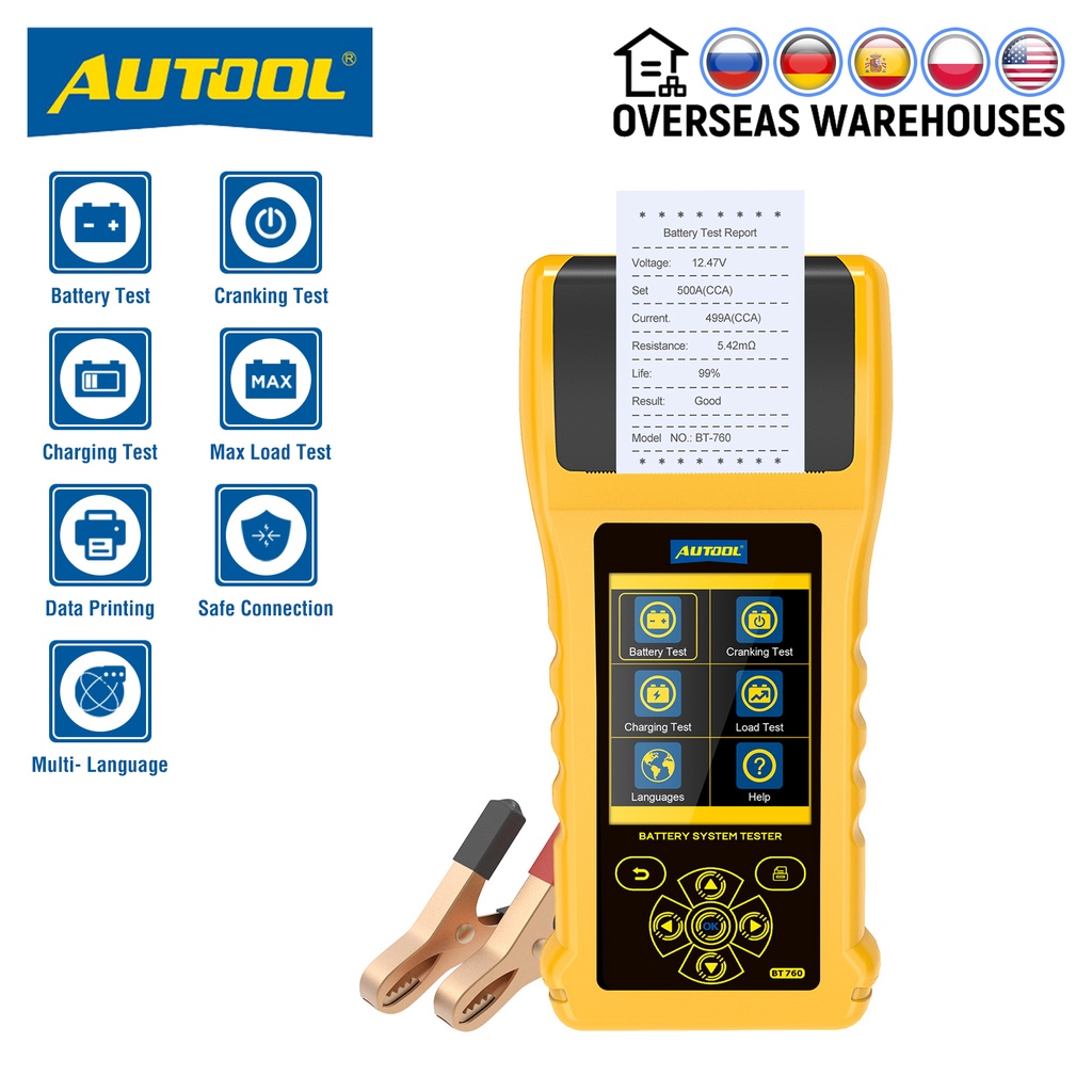 Autool BT760 汽車電池測試儀分析儀 12V 24V 自動啟動充電測試工具,帶打印機診斷卡車摩托車
