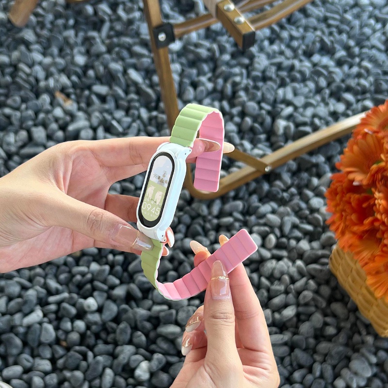 拼接奶油色 硅膠磁吸 適用於 小米手環8 8Pro 錶帶 小米手環8Pro 8 7 6 5 4 NFC 防水錶帶