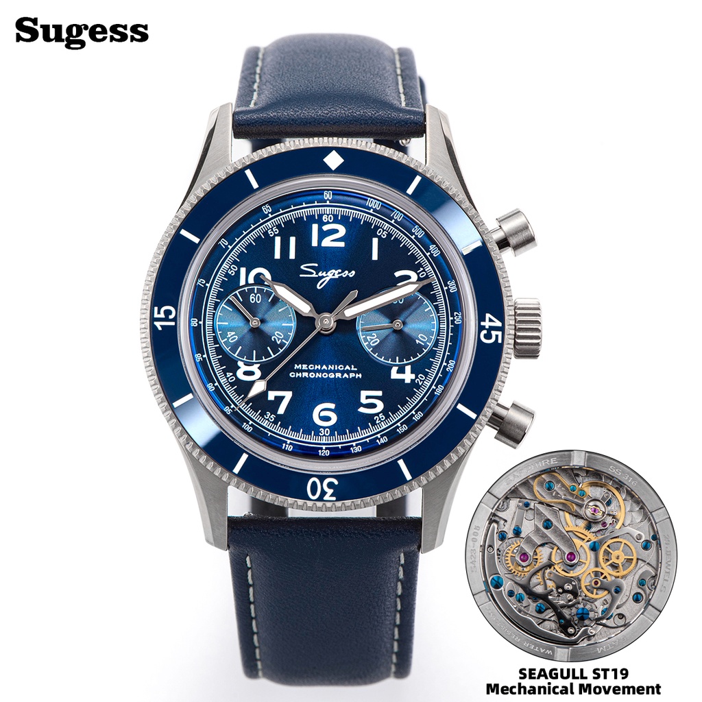 Sugess 手錶 1963 年男士手錶 ST1901 計時碼表夜光機械手錶防水水晶藍寶石意大利皮革