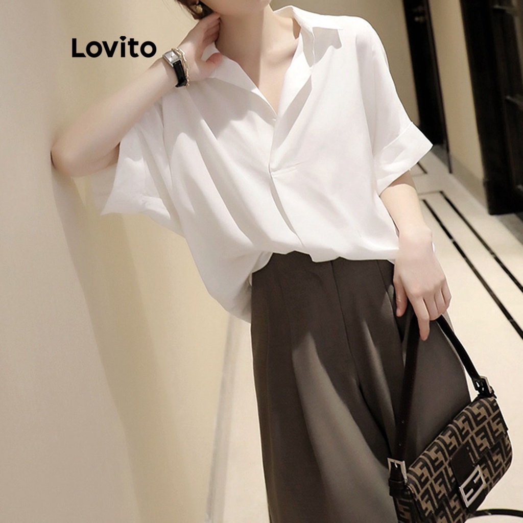 Lovito 女士休閒素色褶邊V領襯衫 LNA09284 (白色)