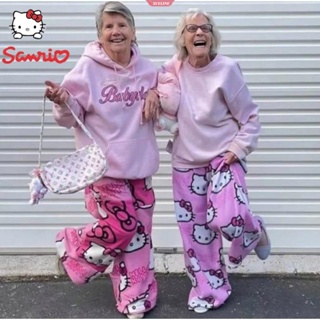 秋季卡哇伊 Hellokitty 睡褲三麗鷗 Y2K 卡通嘻哈女士保暖休閒毛絨小貓法蘭絨褲女裝 G [WOW]