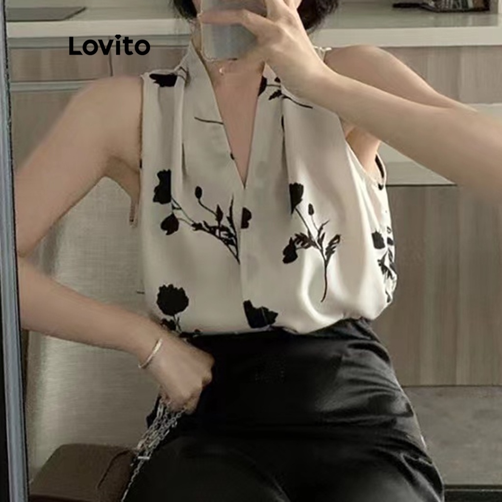 Lovito 女式休閒花卉 V 領無袖上衣 LNA14065 (杏色)