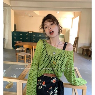 NEINEI 鏤空透視針織上衣 女早秋新款短版防晒罩衫氣質寬鬆熒光綠