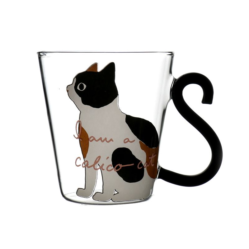 日式可愛貓咪玻璃杯 貓咪尾巴手把透明水杯 情侶水杯 辦公水杯 咖啡杯 貓爪杯子 ins 家用高顏值杯子