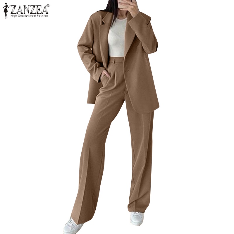 Zanzea 女式時尚素色立領長袖外套+後背彈力直筒寬鬆長褲口袋套裝