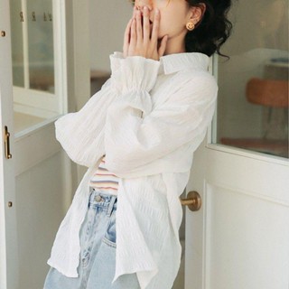 【JODIES】荷葉邊縐縐長袖襯衫女 白色防曬衣 夏季薄款單排扣開衫 韓版簡約百搭喇叭袖白色襯衫 女生長袖上衣