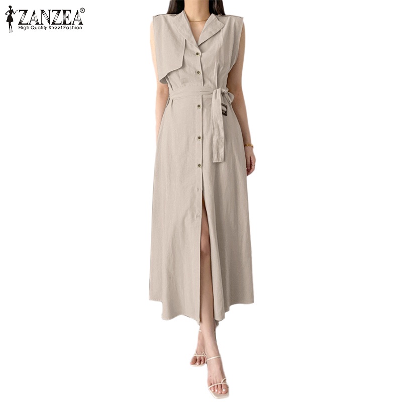 Zanzea 女式韓版日常翻領 V 領無袖可拆卸腰帶純色連衣裙