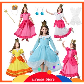 2-10歲 瑪利歐衣服 女童碧姬公主衣服馬力歐馬利歐超級瑪利歐碧琪公主裙 兒童桃子洋裝 蕾絲泡泡袖生日派對舞會禮服配件