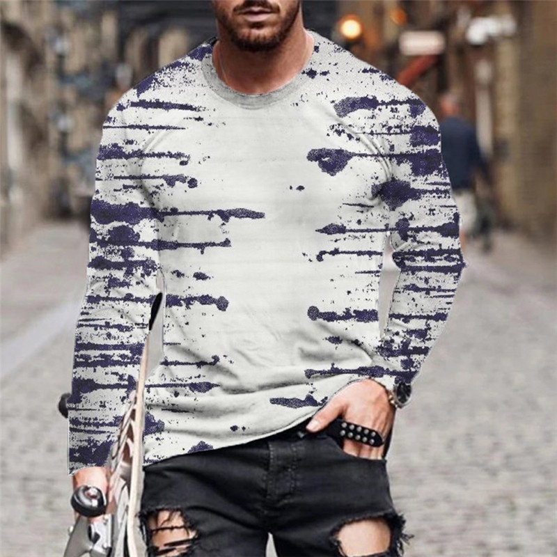 條紋圖案男士復古 T 恤秋季長袖 3D 打印街頭男 T 恤寬鬆超大 O 領上衣加大碼 6XL