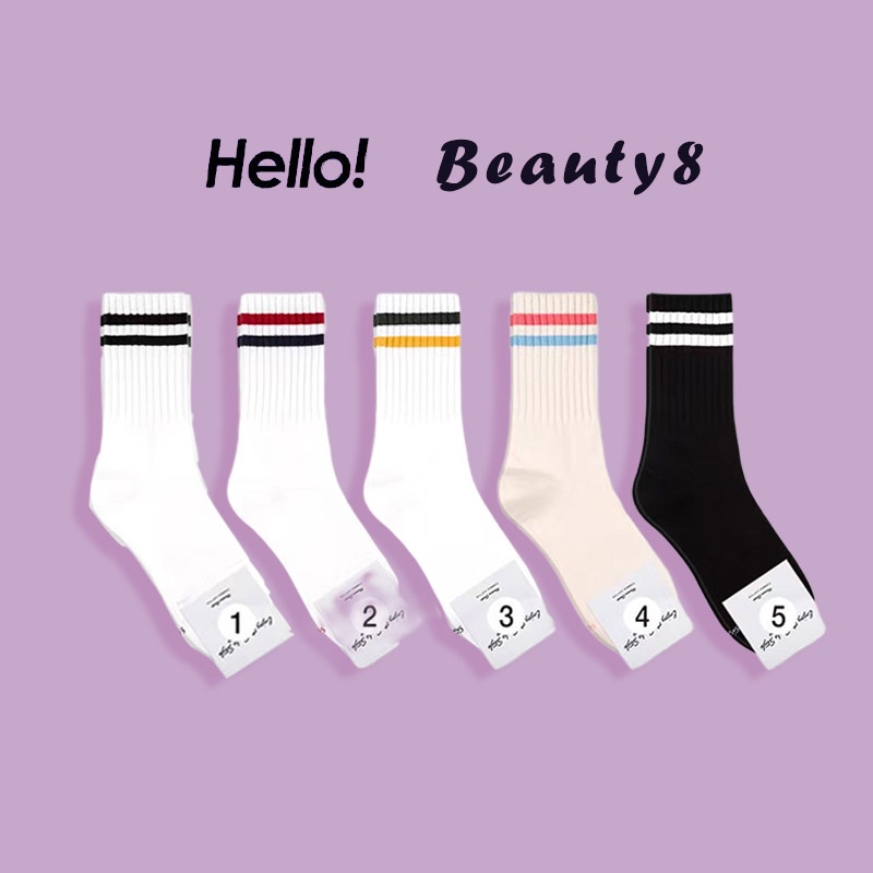 長襪~韓國網紅喜歡穿的雙槓漂亮中筒襪 四季百搭 棉襪 白色 黑色