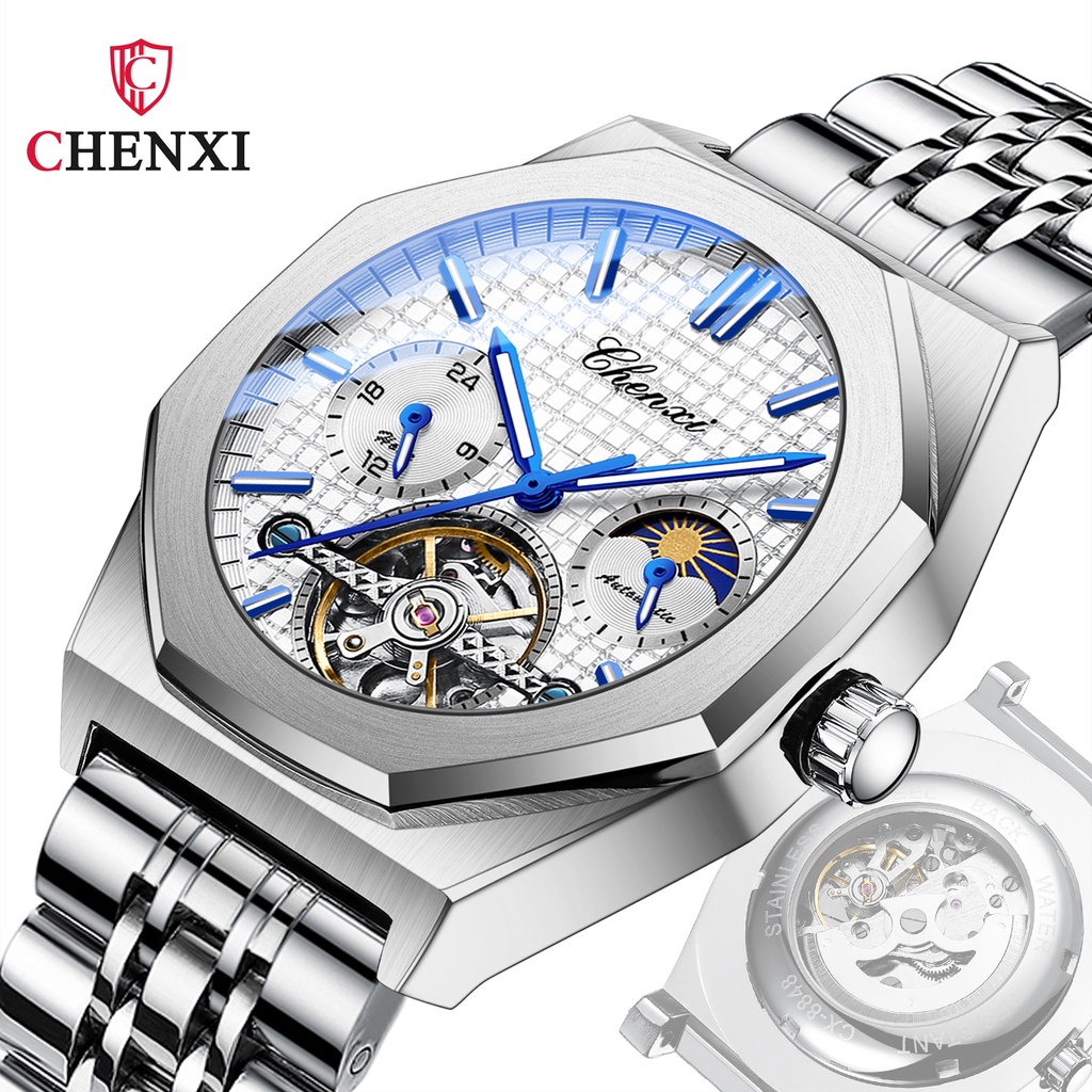 手錶 時尚手錶 CHENXI品牌手錶晨曦實心鋼男表高檔飛輪日月星辰腕錶八角形全自動機械手錶男錶盤直徑41mm品質等級AA