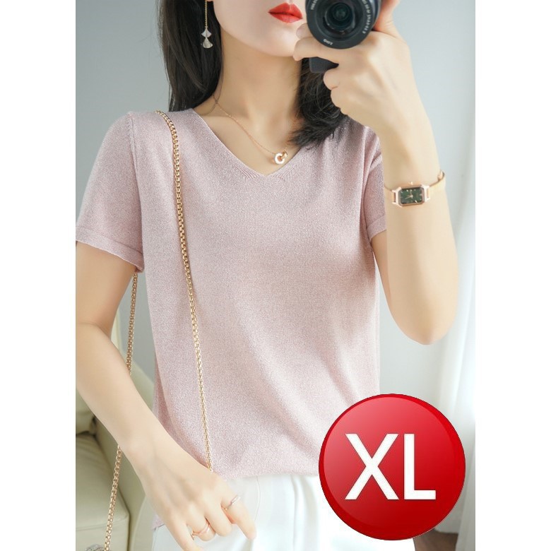 亮絲V領短袖針織衫(粉色XL)[大買家]