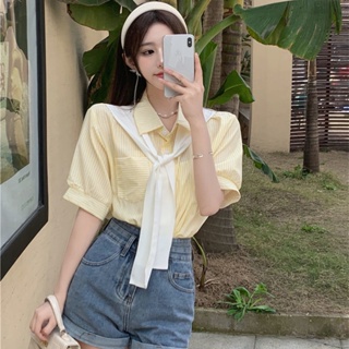 夏季新款韓版假兩件式披肩襯衫設計條紋女裝寬鬆翻領短袖襯衫上衣