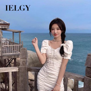 IELGY 洋裝連衣裙女白色法式純欲風泡泡袖百褶修身修身短裙