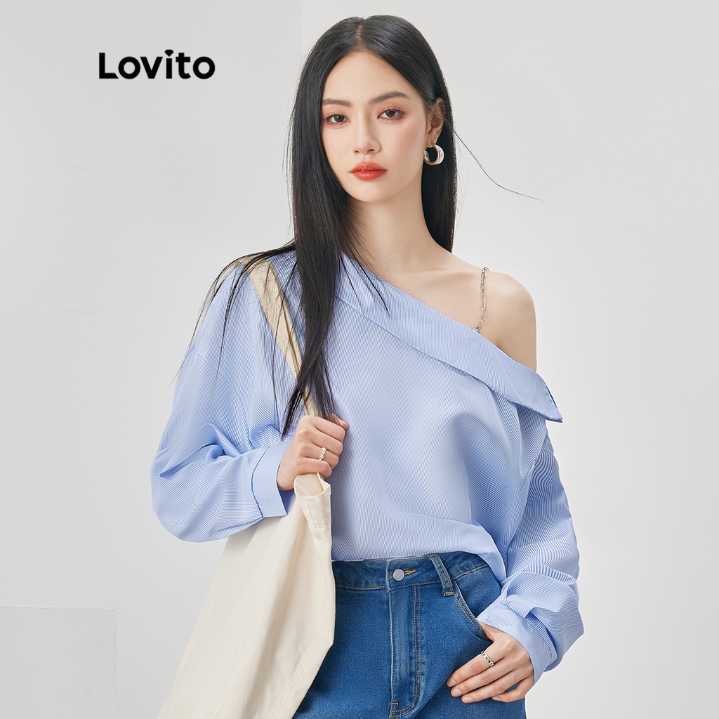 Lovito 女士休閒條紋金屬長袖襯衫 L52AD036 (藍色)