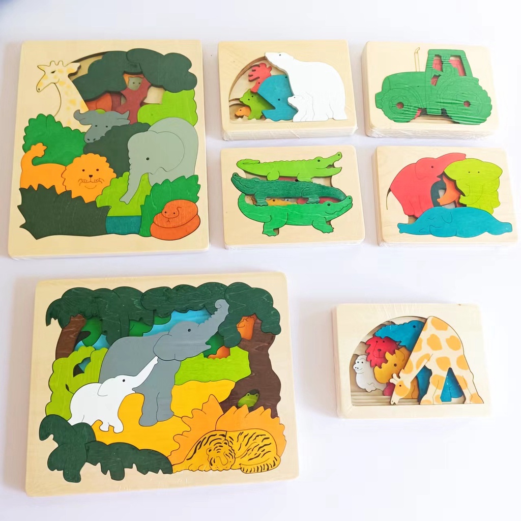 蒙氏教具多層拼圖 四層卡通動物拼圖 兒童益智木製多層拼圖 玩具