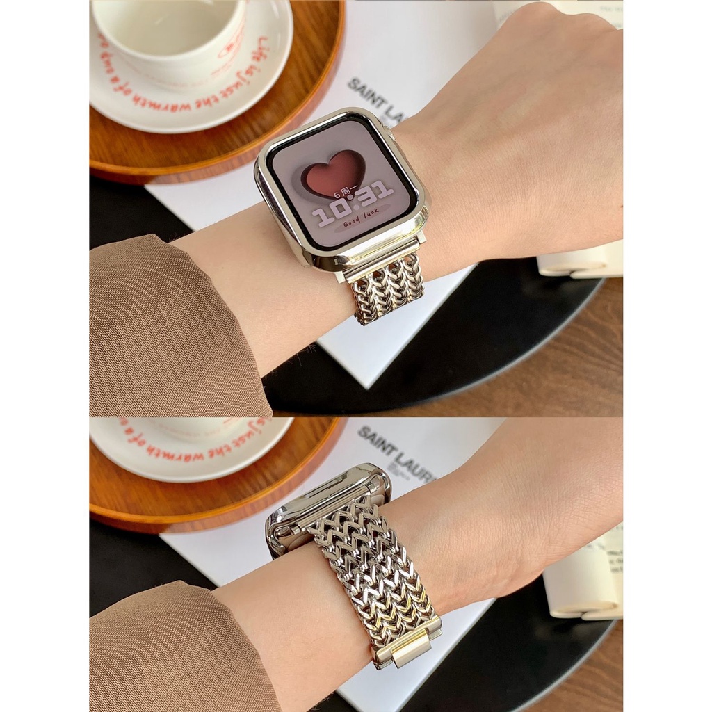 【現貨】W紋鏈條金屬不鏽鋼錶帶Apple Watch金屬適用蘋果錶帶S7/S8 41 44mm 45mm