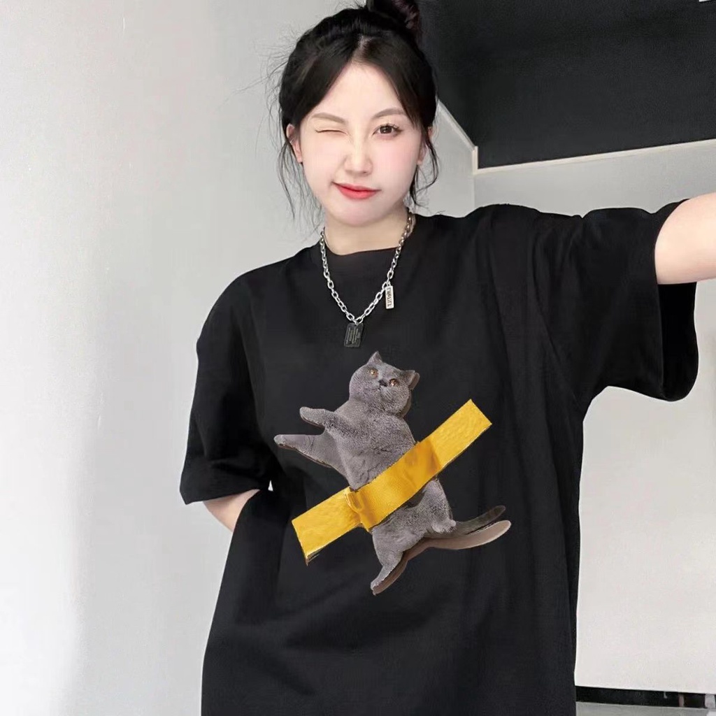 短袖女生 純棉T恤 重磅280g 膠帶藍貓 寬鬆大尺碼 oversize 藝術設計 時尚百搭 吸溼排汗 男女同款
