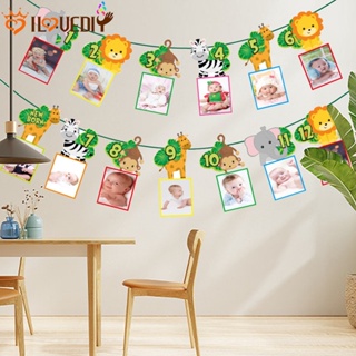 動物編號橫幅 12 個月動物相框橫幅照片牆佈置拉花兒童 1 歲生日洗禮派對用品叢林主題嬰兒照片拉旗