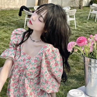 【精品現貨】法式方領宮廷風短袖襯衫女夏復古碎花設計感小眾別緻韓系chic上衣