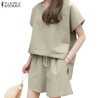 Zanzea 女式韓版時尚休閒 V 領短袖上衣+開叉口袋背帶短褲寬鬆套裝