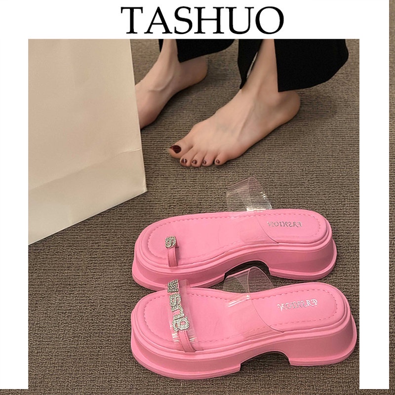 TASHUO  氣質水鑽厚底拖鞋女夏外穿2023透明套腳趾一字拖海邊沙灘涼拖鞋女
