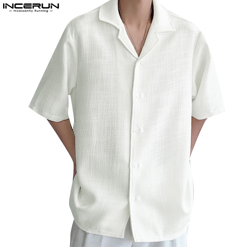 Incerun 男士韓版古巴領純色短袖襯衫