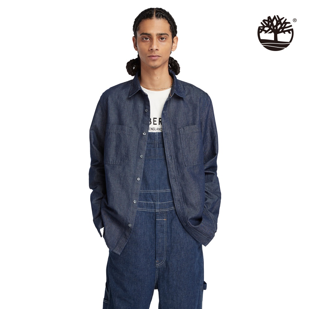 Timberland 男款水磨藍色棉麻牛仔長袖襯衫外套|A2CJPH87