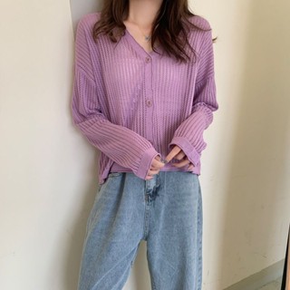 【JODIES】紫色薄款針織防曬開衫外套女 春夏新款韓版V領鏤空長袖空調衫 素色鏤空針織衫 薄款透膚長袖上衣女