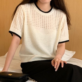 韓國chic夏季甜美櫻花粉圓領撞色包邊鏤空設計短袖針織衫上衣女MC女 VEGM