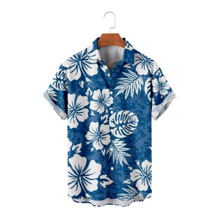 男士藍色熱帶花卉棕櫚葉襯衫短袖夏威夷襯衫