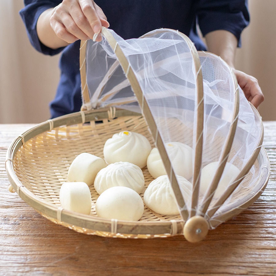 帶網罩竹筐防蠅筐防蟲竹編制品家用食品晾曬筐紗網竹籃饅頭圓簸箕