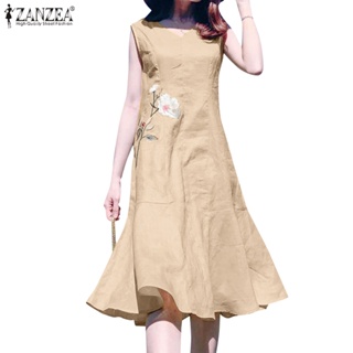 Zanzea 女式韓版日常刺繡無袖休閒魚尾荷葉邊棉質連衣裙