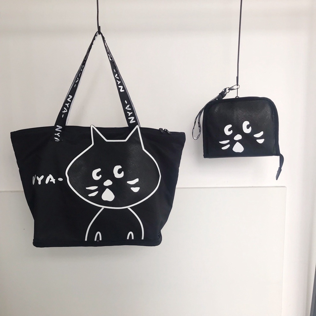 日系 ne net 驚訝貓 卡通 可愛手提包 大容量 摺疊斜背包 男女通用健身包
