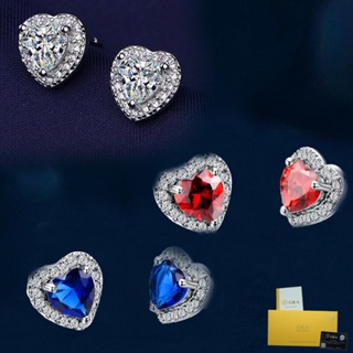 【附證書】時尚心形鑽石耳釘優雅紅寶石藍水晶耳環