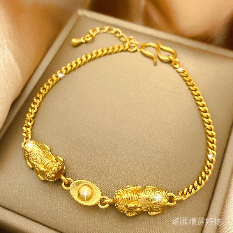 沙金手鍊鍍24K金色元寶貔貅手鍊 中國風復古小眾設計感女士手鍊